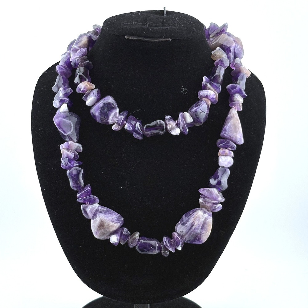 Natural Amethyst Chip Necklace Purple Tumbled Stone Long Continuous Strand Boho